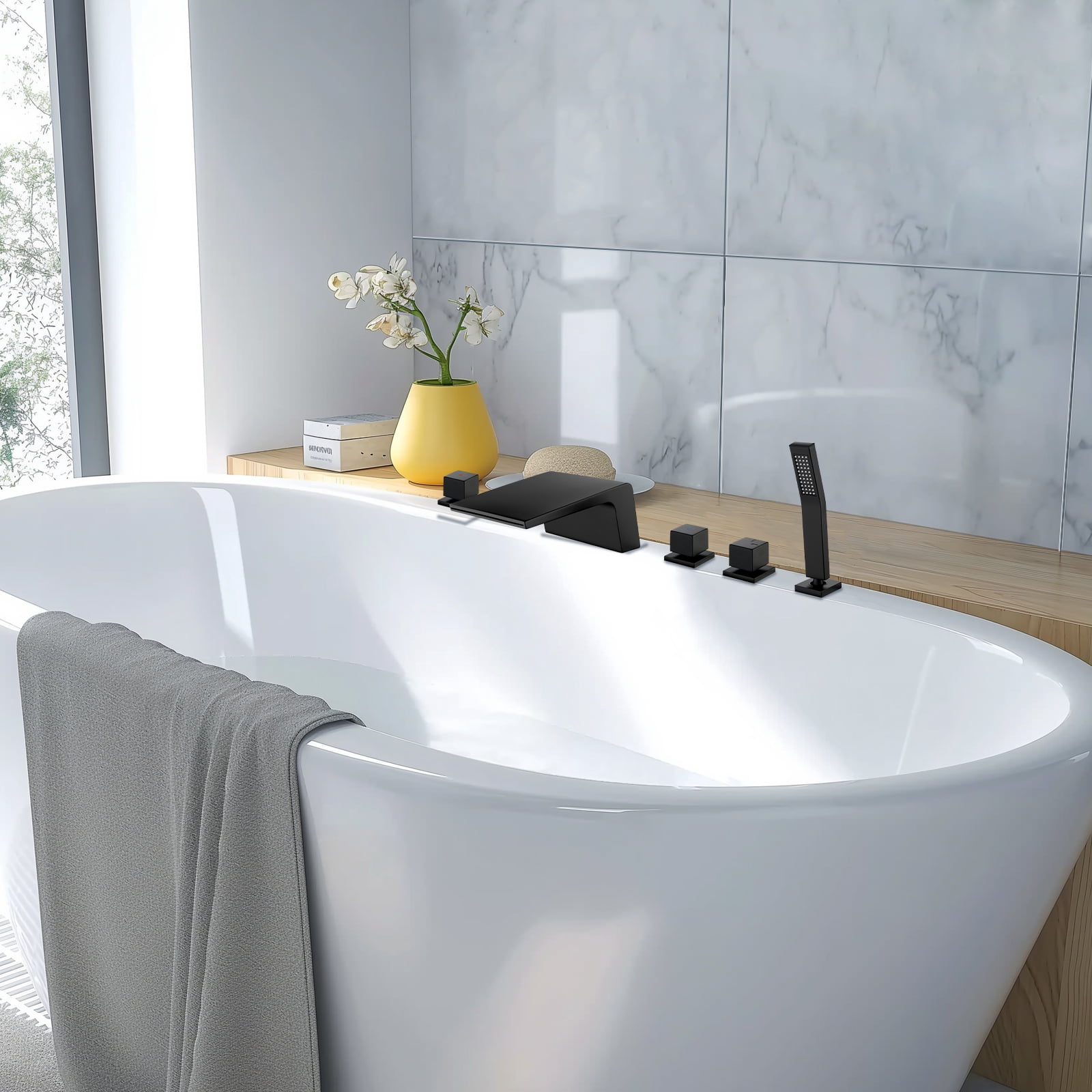 Cobbe 5-Hole Mount Bathroom Bathtub Fauce with 2 Switches, 1 Diverter Knob, 7.09-Inch Wide Tub Spout and Hand Shower Matte Black