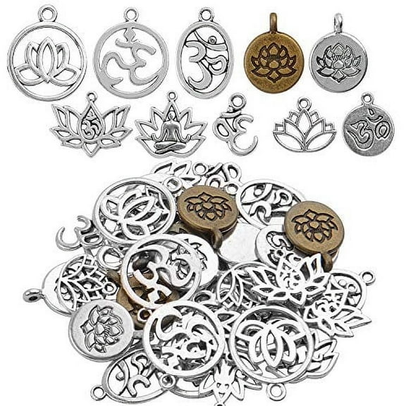 50pcs Antique Yoga OM Lotus Flower Styles Charms Mixed Pendants Findings for Jewellery Making Necklace Bracelet Crafts,10 Styles