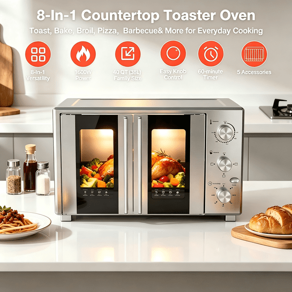 French Door Toaster Oven, 8-in-1 Countertop Oven with Infrared SpeedHeat, 40QT(38L) Fits 12" Pizza, 158°F-482°F Temp Control, 60-Min Timer, Stainless Steel for Bake Broil Toast Roast