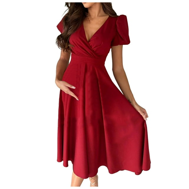 Daznico Robes Élégantes pour Femmes, Robe Élégante à Col en V, Manches Bouffantes à la Taille, Grand Ourlet, Robes pour Femmes Cache Ventre