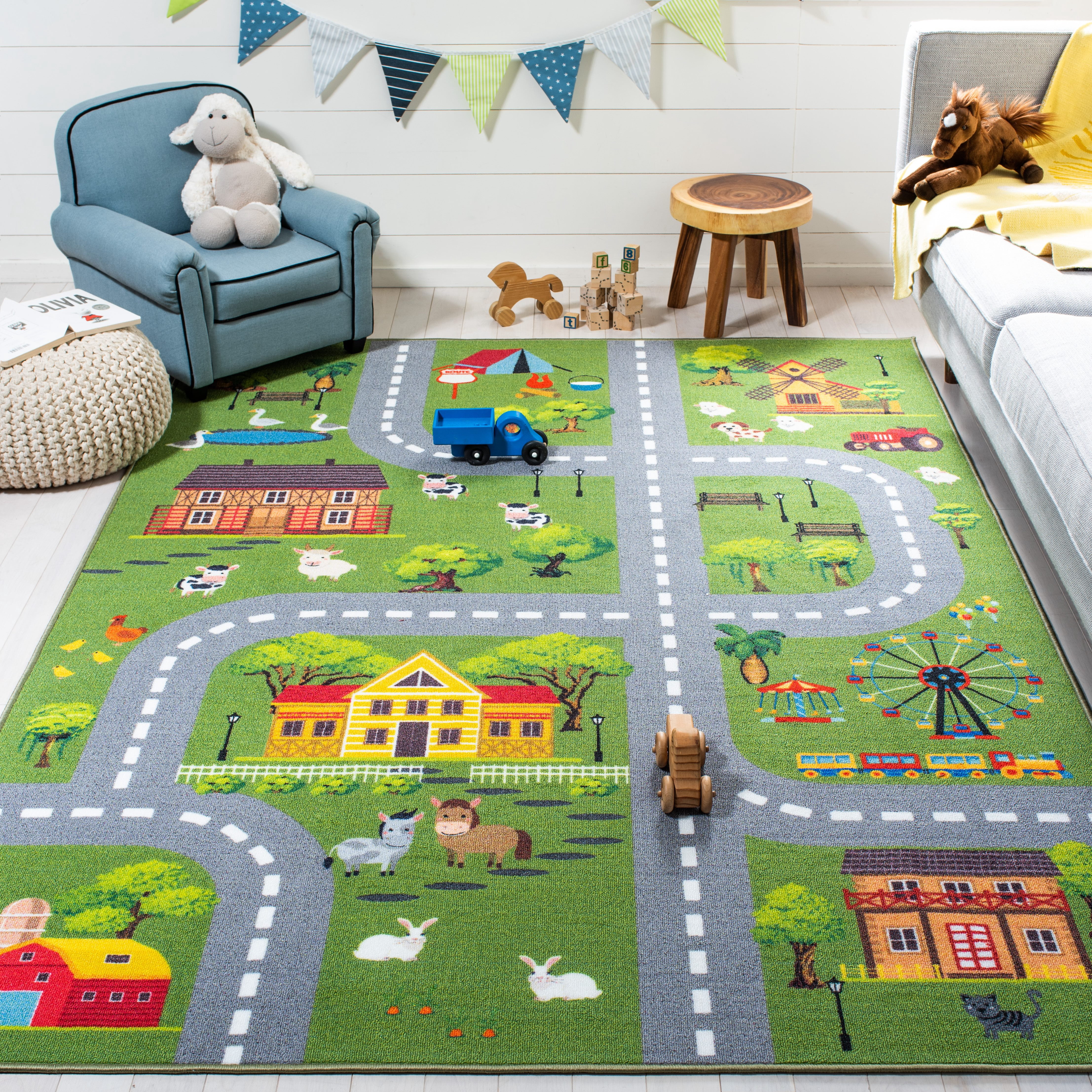 SAFAVIEH Kids Playhouse Ranch Crossroads Machine Washable Area Rug, Dark Green/Light Grey, 5'5" x 7'7"