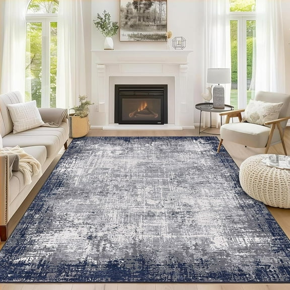 Area Rug 5x7 Washable Soft Modern Bordered Abstract Rugs Low Pile Non-Slip Foldable Throw Rug Carpet Dining Room Home (Navy Blue/Grey 5'x7')