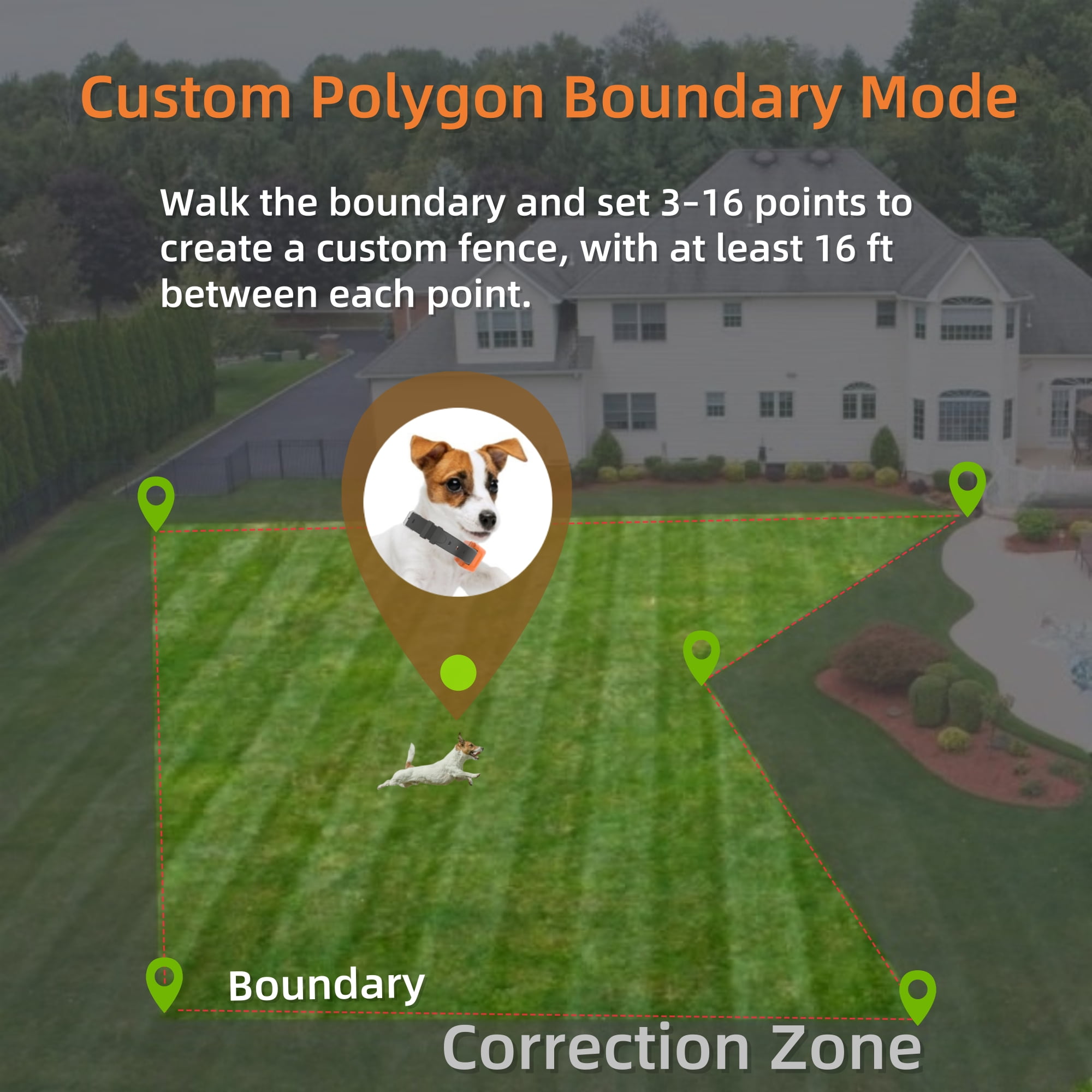 GPS Wireless Dog Fence System, Custom Polygon Boundary Electric Fence for Dogs with Adjustable Warning Strength, Safe Zone Radius 49-6561Ft, IPX7 Waterproof Invisible Fence