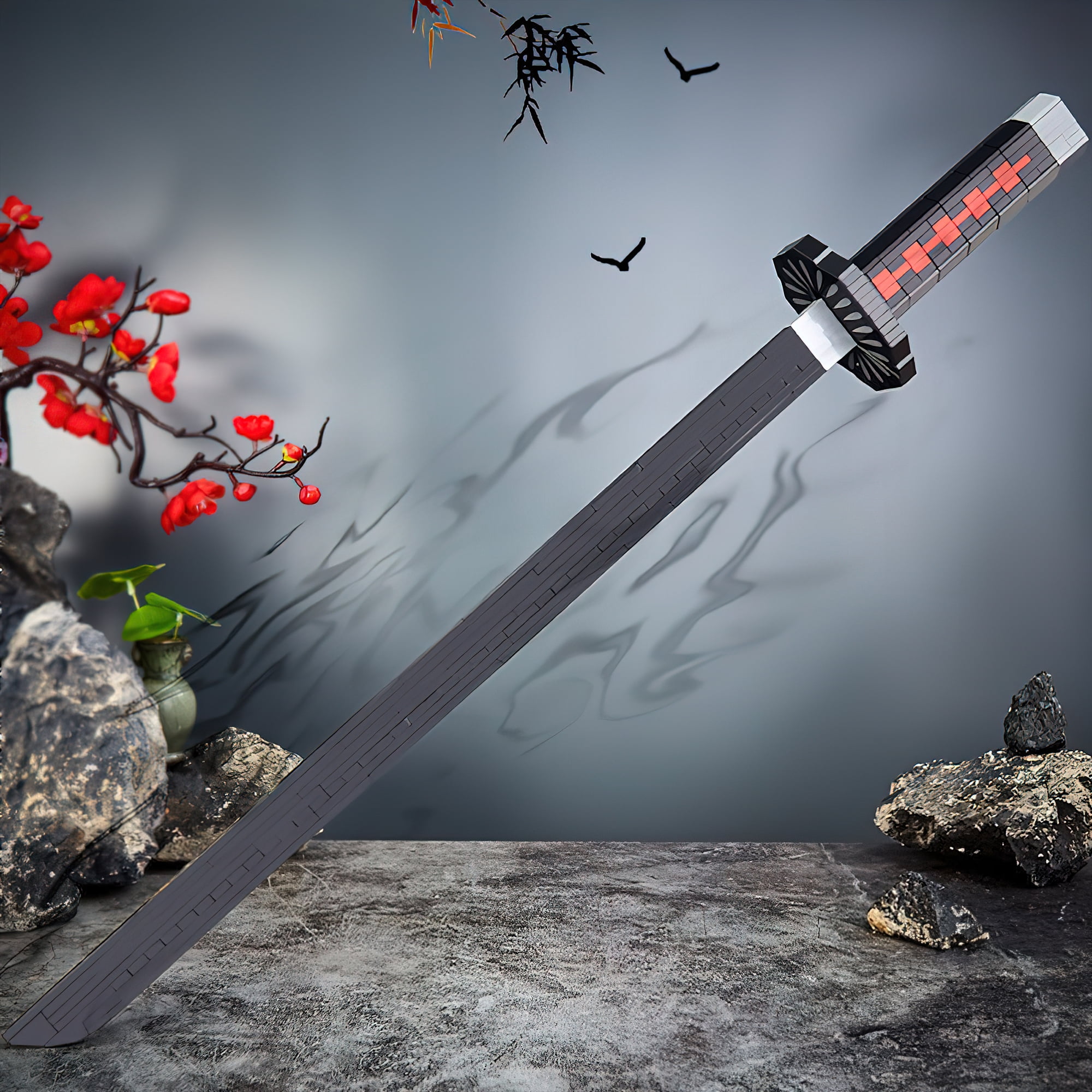 HI-REEKE Anime Demon Sword Building Block Set Slayer Tanjirou Katana Building Toy Black