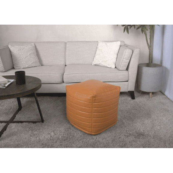 Candy Contemporary Faux Leather Square Pouf, Caramel - Versatile Seating for Living Rooms & Bedrooms