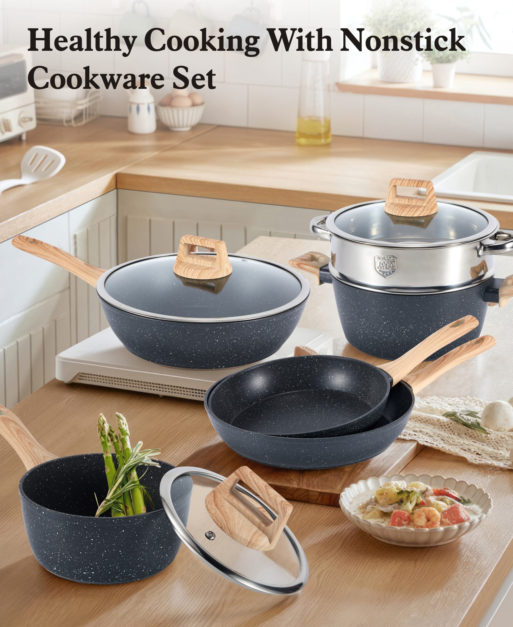 Fenbeli 12 Pcs Pots and Pans Set Nonstick,Ceramic Cookware Set with Pots Protectors and Cooking Utensils,Black