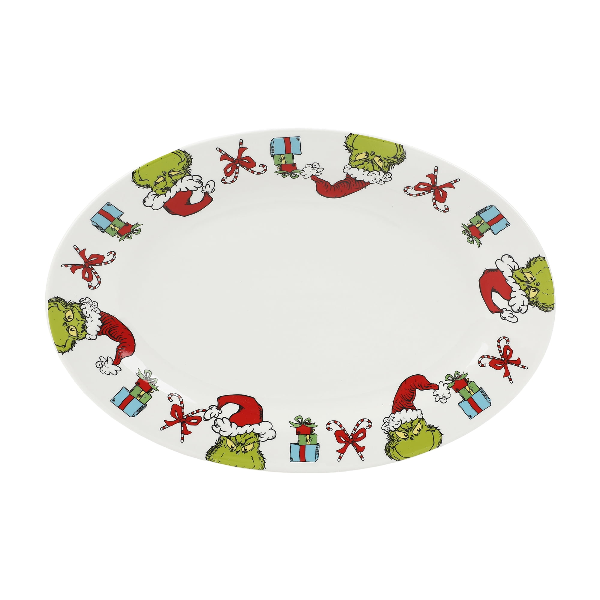 Grinch 14-Inch Oblong Ceramic Platter With Presents And Candy Cane Border, VENDOR LICENSE GRINCH OVL SERVG TRY