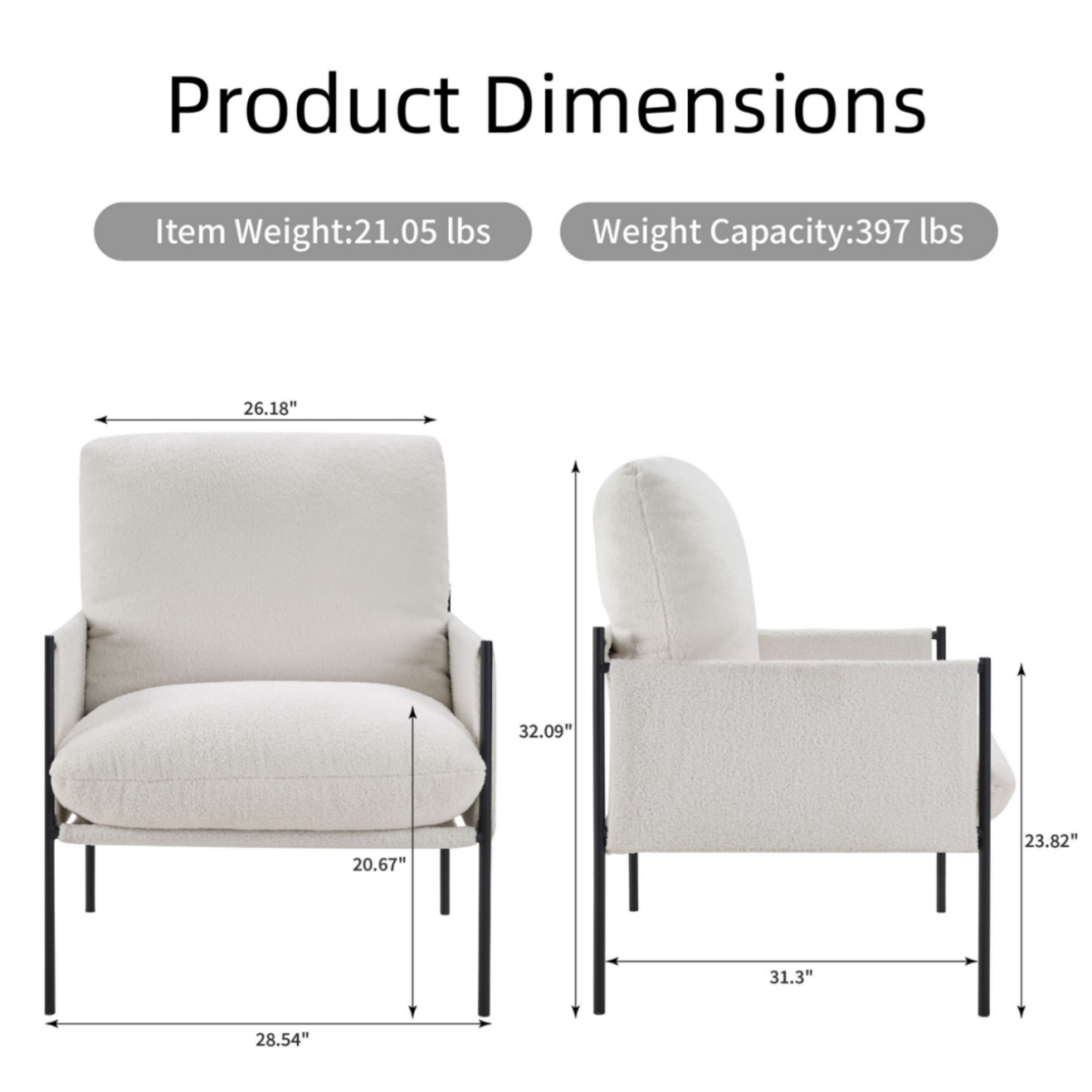 GARITIN Modern Accent Chair with Removable Cushion and Wood Armrests, Comfy Vanity Lounge Reading Chair with Metal Frame, Ergonomic Seating for Living Room Bedroom, White