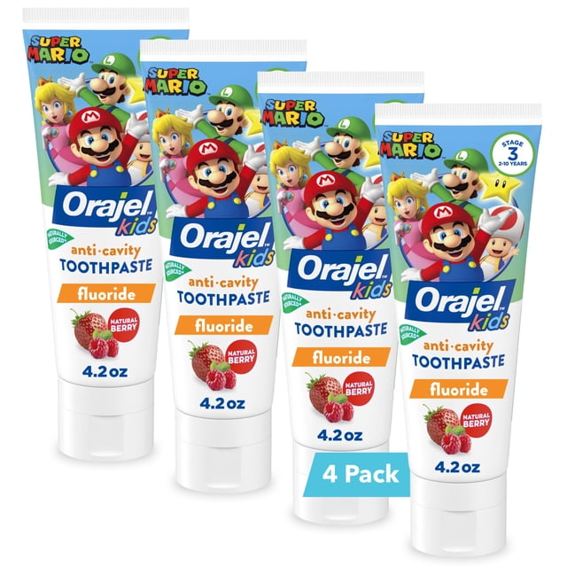 Pasta de dientes Orajel Kids Super Mario anticaries 125 ml, paquete de 4 unidades
