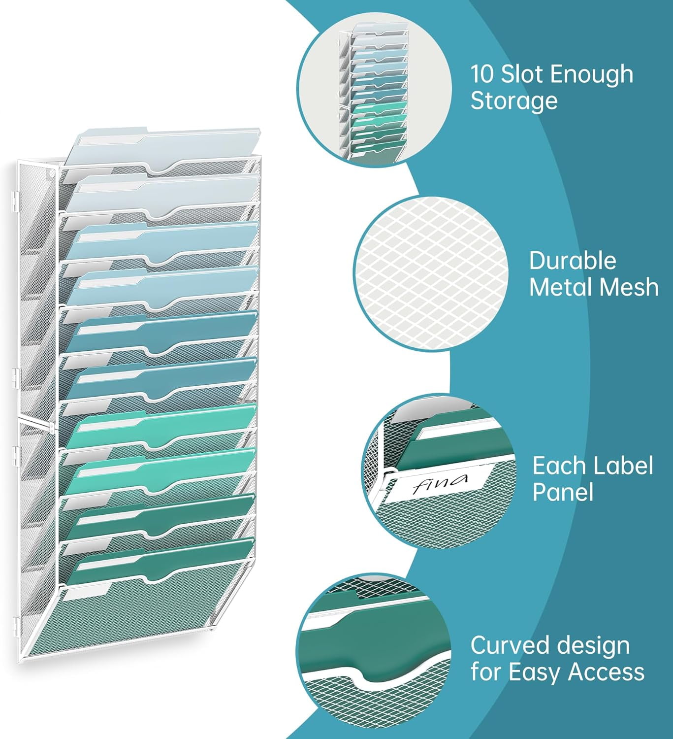 INTIGE 10-Tier Metal Wall File Organizer, Hanging Paper Organizer, White, Screw Mount