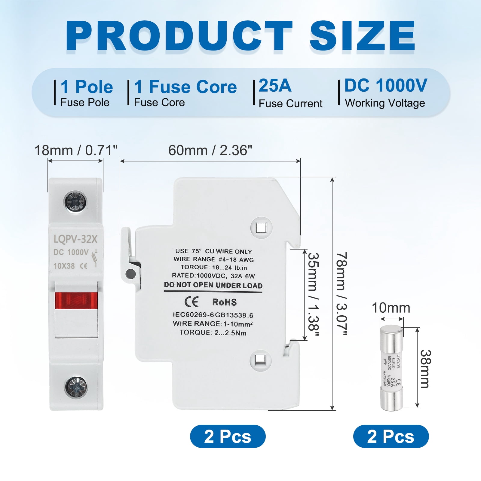 Din Rail Fuse Holder with 1 Core Block,10x38mm 4-18AWG Single Pole Solar/ Photovoltaic Fuse Holder DC 1000V 25A with Light Indicate for Solar PV Systems Battery Protect,Pack of 2