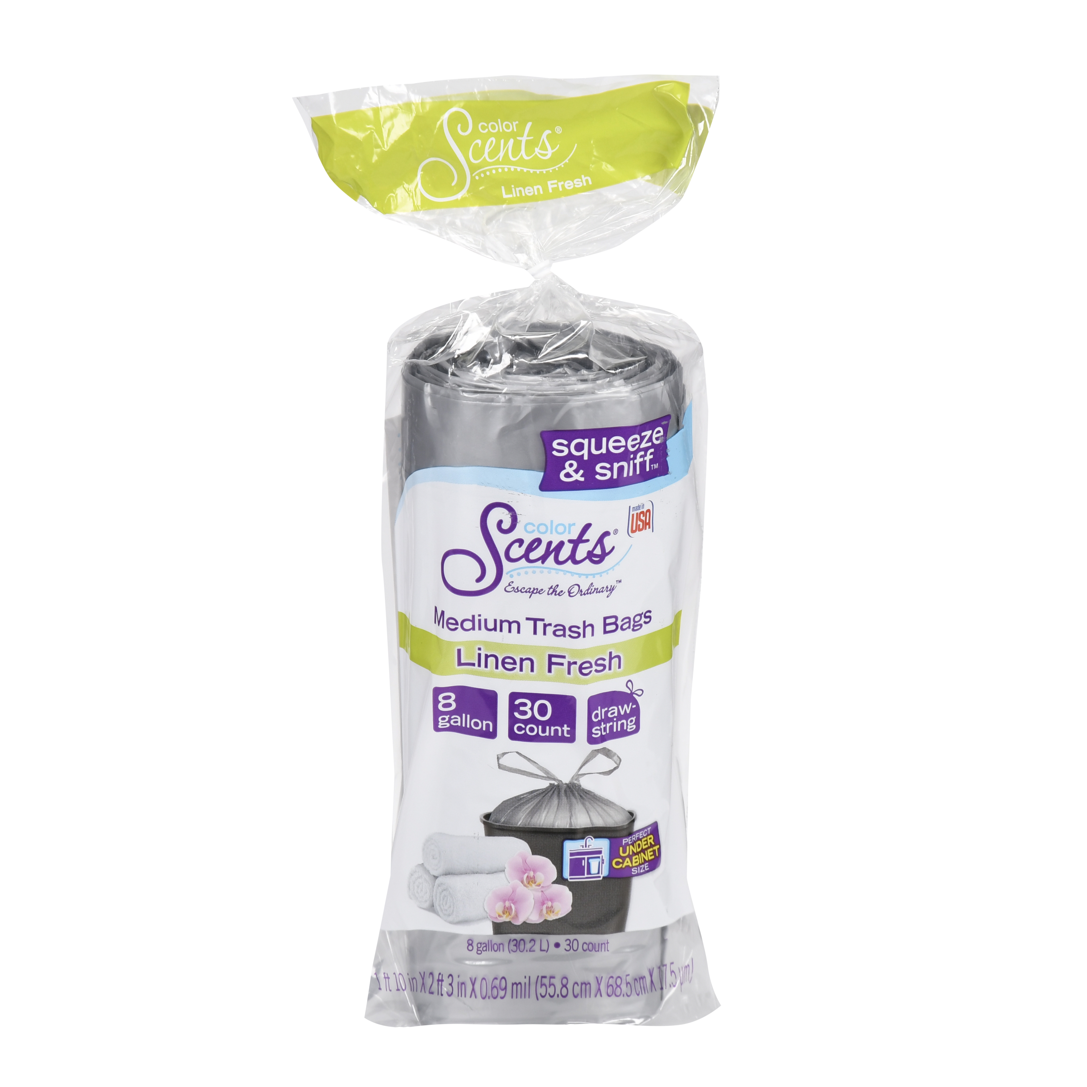 9 packsColor Scents Linen Fresh Drawstring Trash Bags, 8 gallon, 30 ct