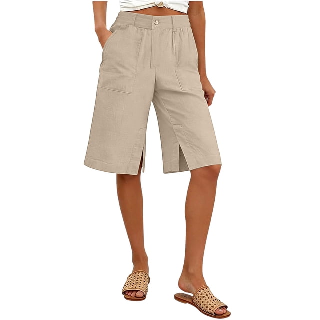 TaTaai Summer Shorts Breathable Soft Women Loose Fit Knee Length Capris Solid Color Side Slit Pockets Elastic Waist For Home Daily Casual Beach Gift
