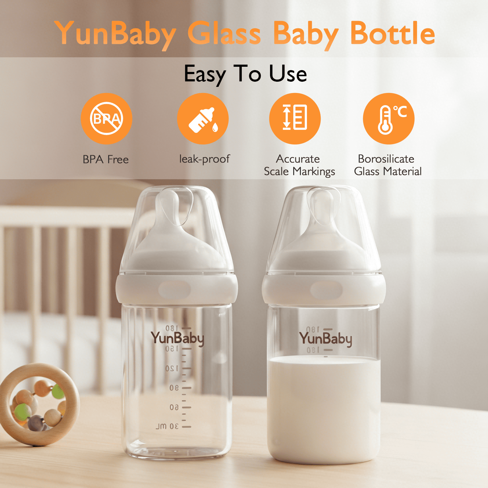 YunBaby Newborn Baby Bottle 6oz, Made of Borosilicate Glass, Anti-Colic, with a Wide Neck, Breast-Like Nipple, Natural Glass Baby Bottles, 3 Pack