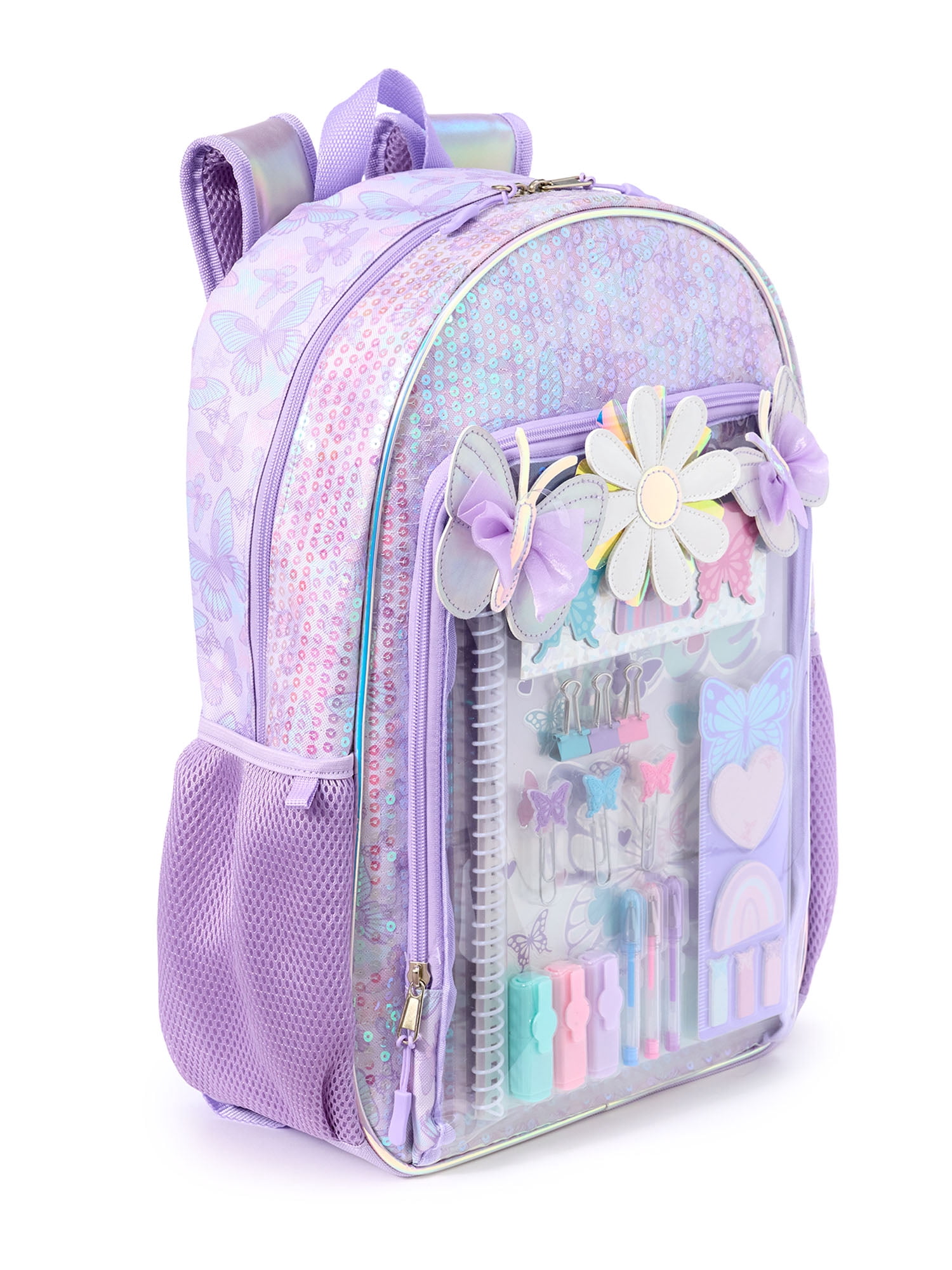Schoolyard Vibes Girls' 17" Butterfly & Daisies Backpack & Stationary Set, Lavender