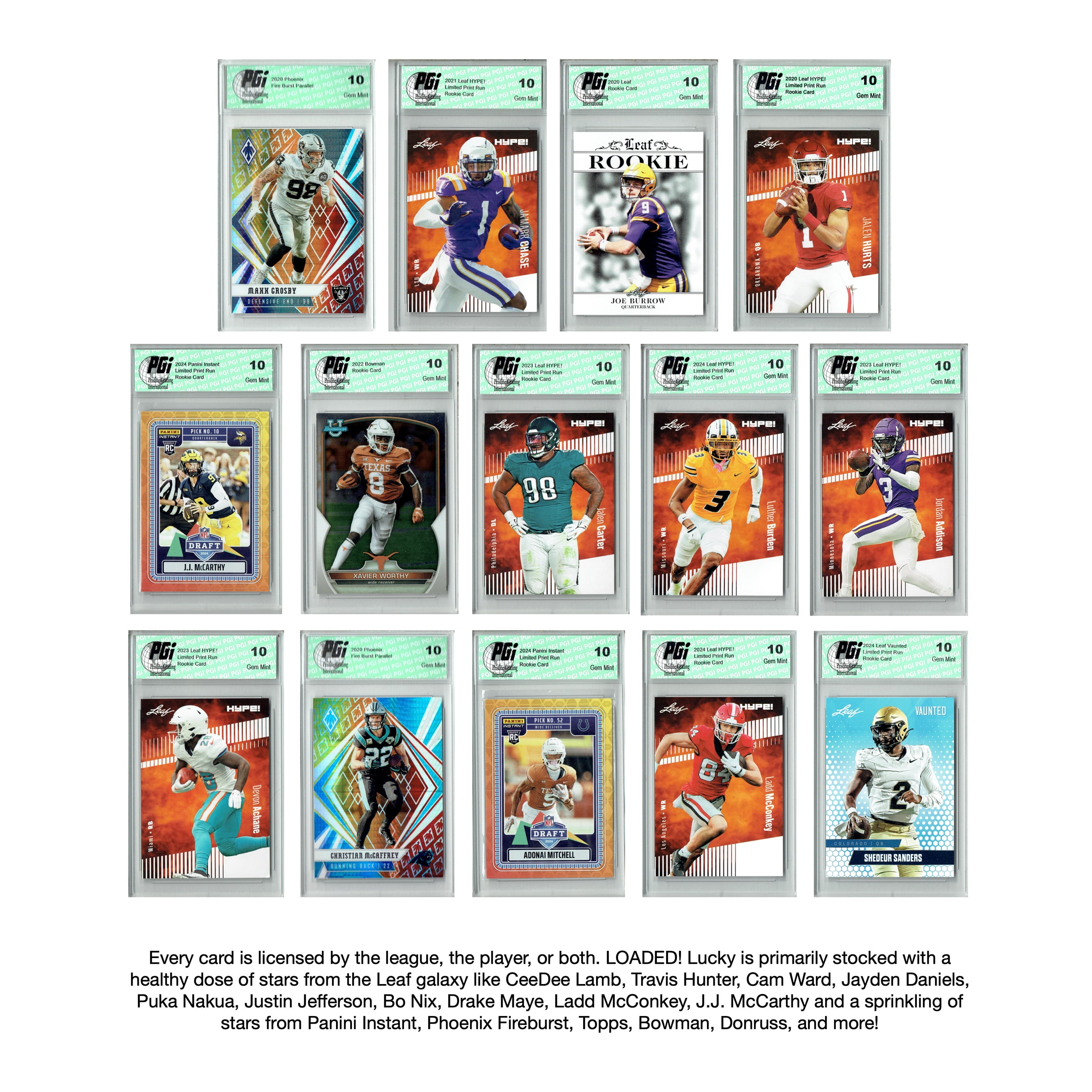 LOADED! Lucky Football Collector's Box: 4 PGI 10 Rookie & Star Cards - Joe Burrow, Jayden Daniels, Josh Allen, Travis Hunter & More