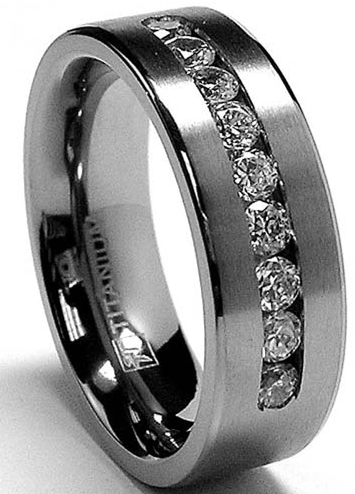 Bishilin 8MM Stainless Steel Cubic Zirconia Inlay Wedding Rings for Men Black 