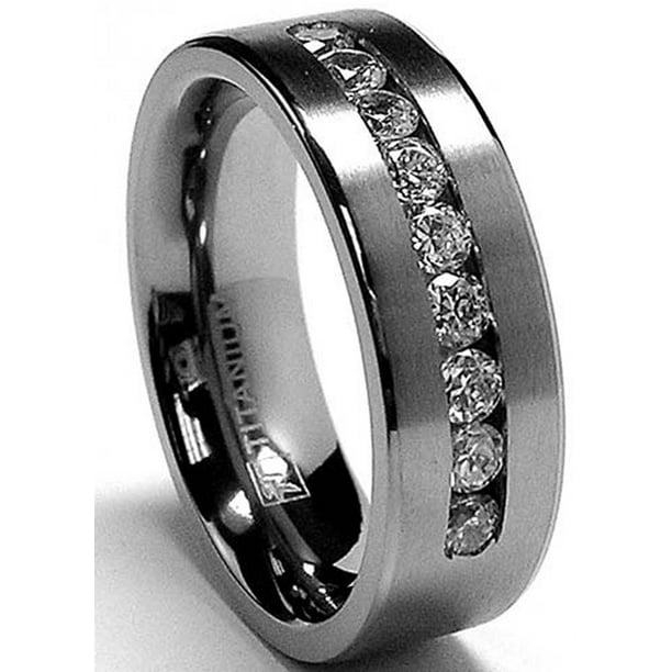 8 MM Men's Titanium ring wedding band with 9 large Channel Set 