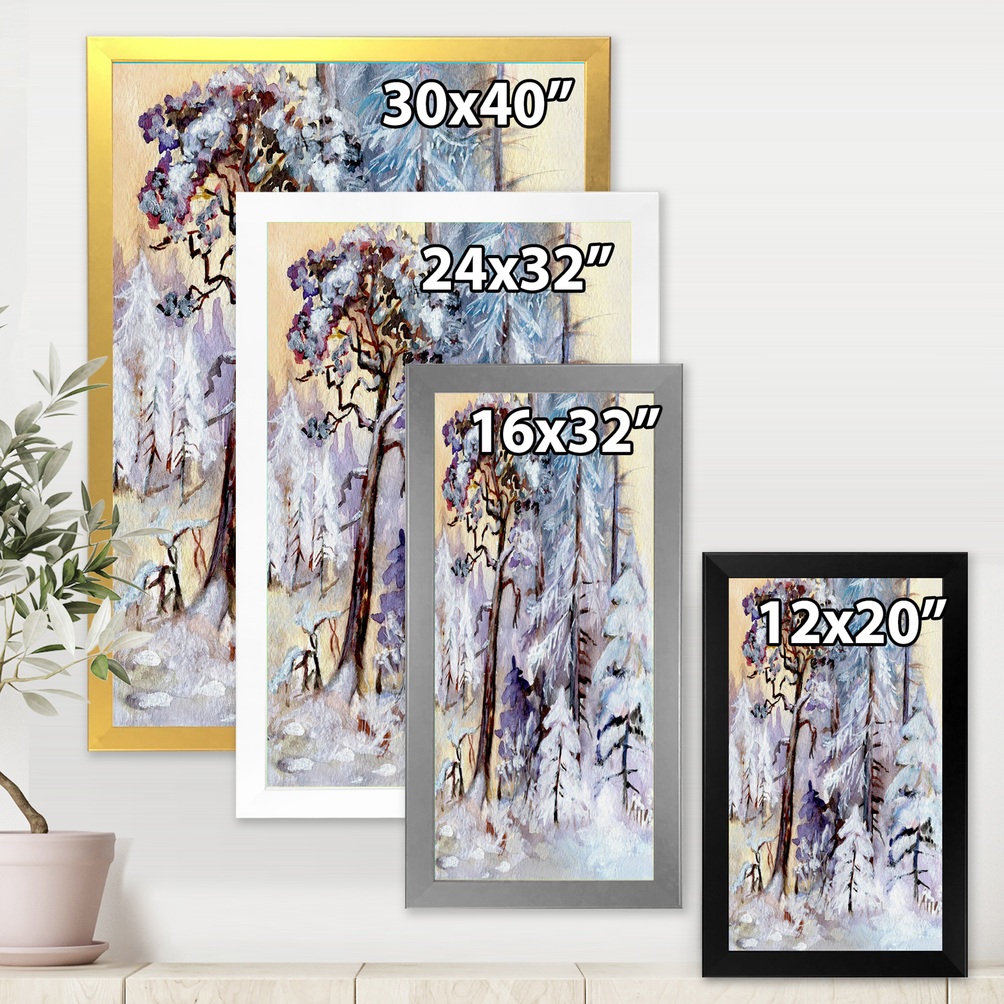 Designart 'The Lake With Winter Snowy Forest' Lake House Framed Art Print