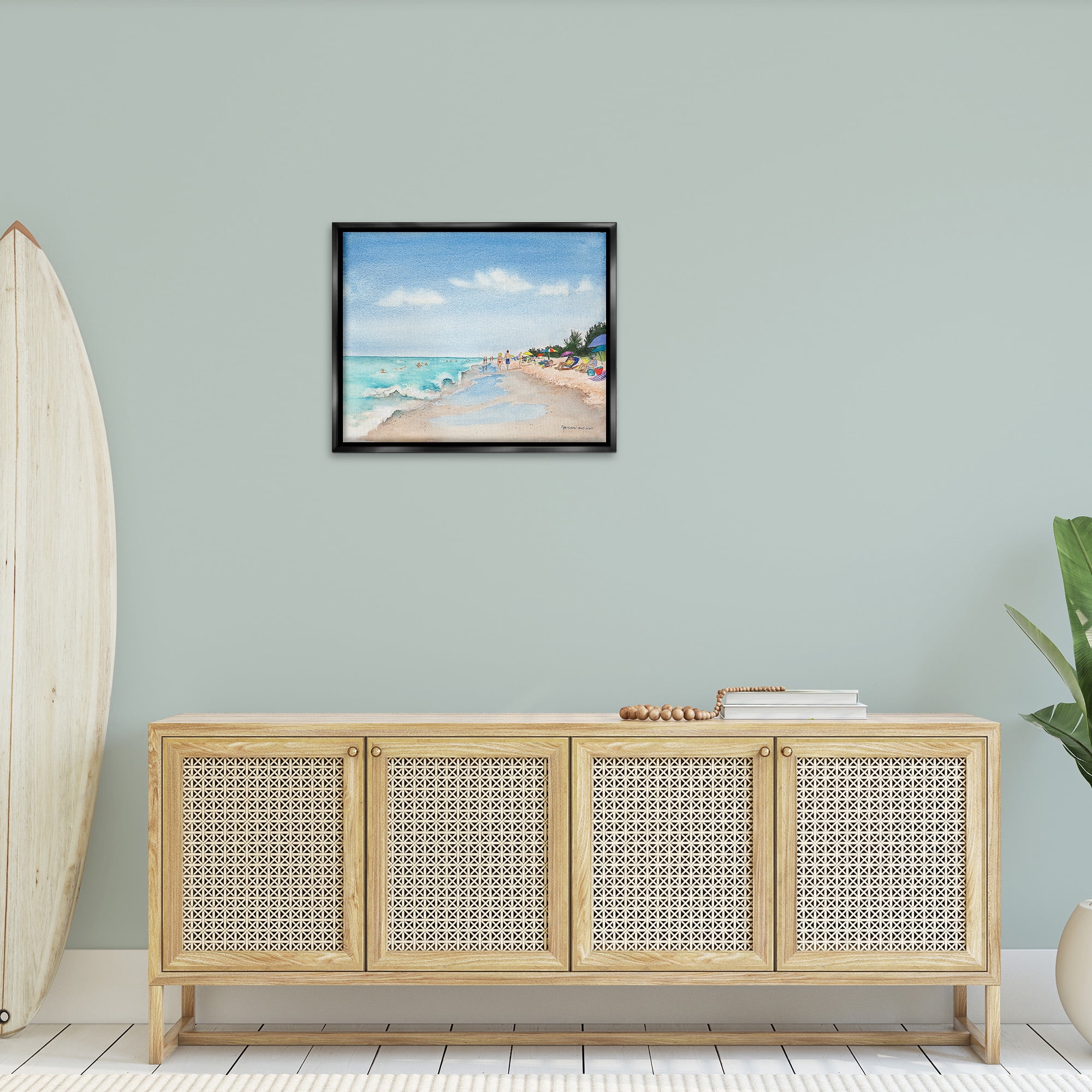 Stupell Industries Traditional Beachgoers View Landscape Painting Black Floater Framed Canvas Art Print Wall Art, 31 x 25