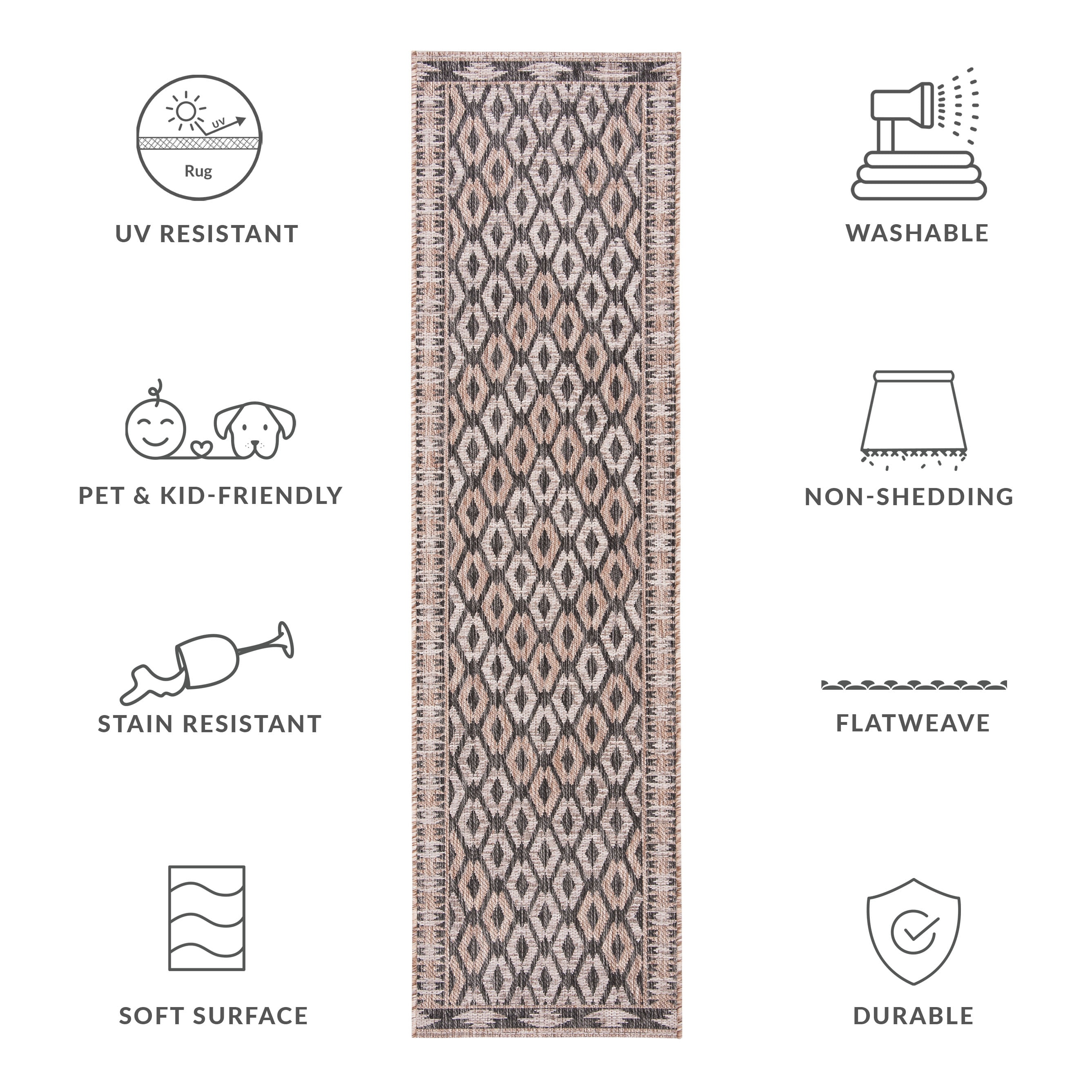 SAFAVIEH Courtyard Vermont Geometric Indoor/Outdoor Runner Rug, Black/Natural, 2'3" x 8'