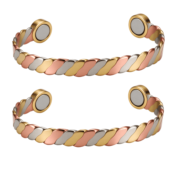 Wollet Magnetic Copper Cuff Bracelet for Men & Women - Gold Plated Copper Jewelry Gifts for Mom Wife, Set of 2