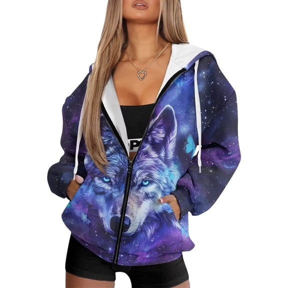 Uorisanigo Cool Wolf Womens Zip Up Hoodies Size 4XL Slight Stretch Pocket Womens Zip Up Hoodies Oversized Sweatshirt Drop Shoulder Comfortable Winter Fall Clothes