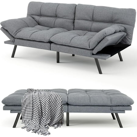 71" Futon Sofa Bed, Comfortable Memory Foam Futons Sofa with Adjustable Backrest & Armrests, Convertible Loveseat Futon Bed for Compact Living Room, Apartment, Office, Grey