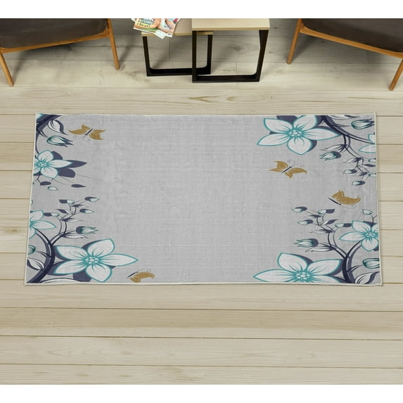 Floral Decorative Rug, Spring Flowers Leaves Branches Buds Butterflies Frame Like Abstract Art Pattern, Quality Carpet for Bedroom Dorm and Living Room, 6 Sizes, Seafoam Pearl, by Ambesonne