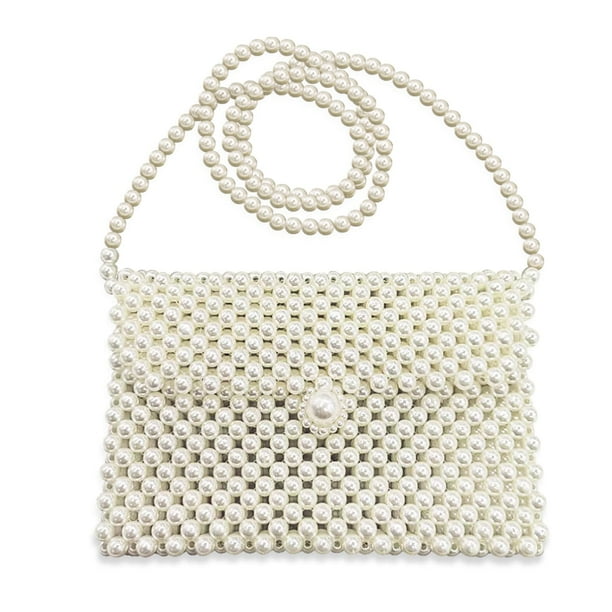 Cartera de perlas blancas Bolso de hombro para mujer Bolso de perlas con perlas Bolso de perlas con esquinas diagonales Bolso de perlas para bodas