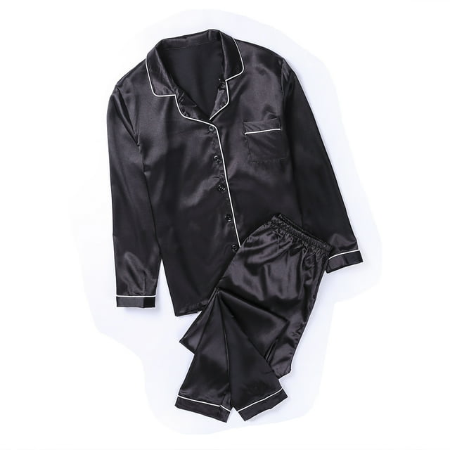 Women Silk Satin Pajamas Set Two-Piece Long Sleeve Long Button-Down Solid Color Sleepwear Loungewear