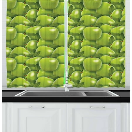 Jaclyn Smith Drapes Apple Curtains 2 Panels Set, Agriculture Harvest Pattern with Granny Smith Apple Drawing Autumn Fruit, Window Drapes for Living Room Bedroom, 55W X 39L Inches, Apple Green Fern Green, by Ambesonne ()