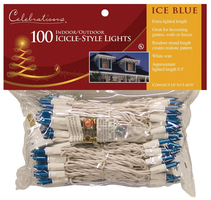 Celebrations Mini Icicle Lights 100 Lights Blue Bulbs 10' Fuse Ace No