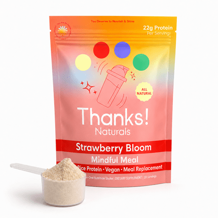 Thanks! Naturals Strawberry Bloom Mindful Meal - All-Natural Vegan Protein Powder, 22g Per Serving, Essential Vitamins, Minerals and Superfoods, Post Work-out, Sustainable Energy