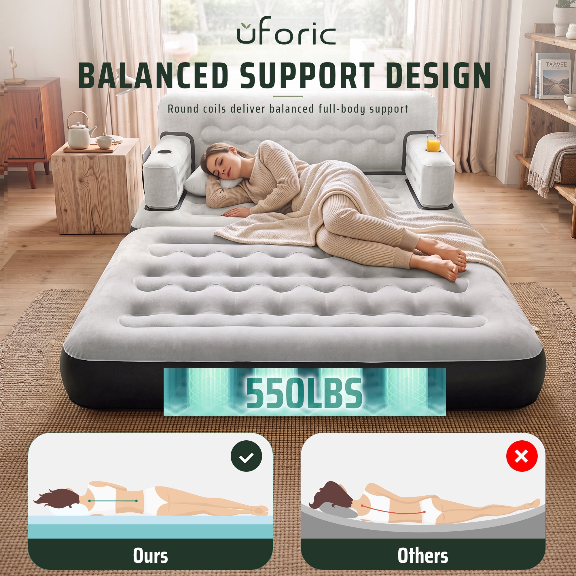 Uforic Queen Size 2-in-1 Convertible Inflatable Air Sofa Bed with Wave Headboard, Built Pump, Cup Holders & Storage Pocket for Guest Room Camping, Gray