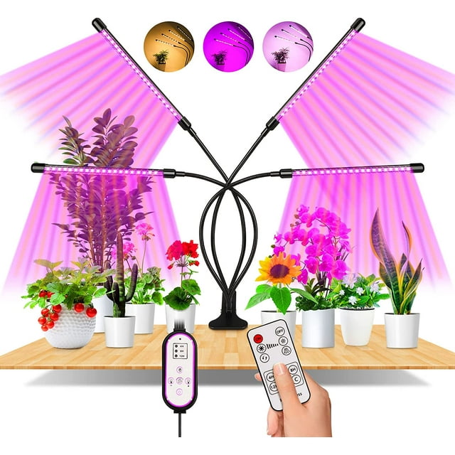 Lámpara para plantas, 80 LED, luz de crecimiento de 360°, iluminación hortícola con 4 cabezales, luz de crecimiento de plantas de espectro completo con temporizador automático - Encendido/apagado 4/8/