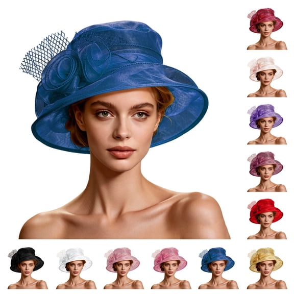 SAWOBUUN Women Organza Church Derby Hat Wide Brim Fascinator Sun Flower Hats for Wedding Cocktail Tea Party