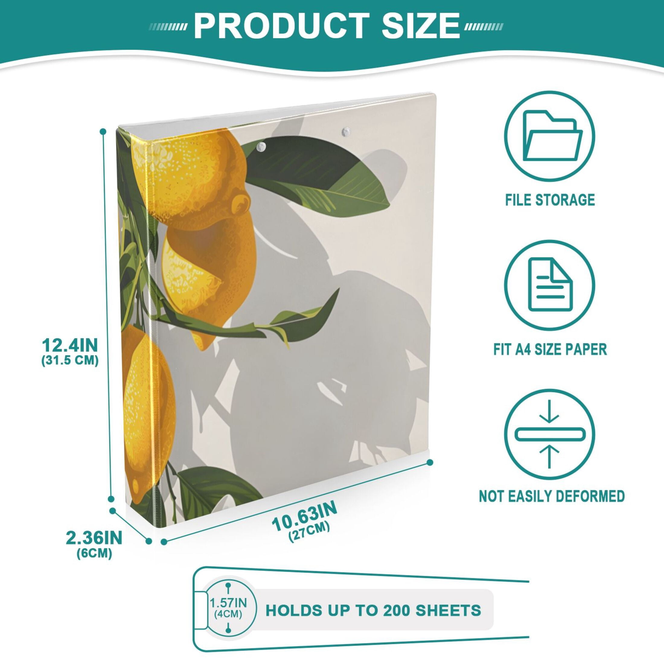 Hanging Lemons 3 Ring Binders 1.5 inch Hardcover File Folders with Interior Pockets A4 Size Organizer for School Office Hospital