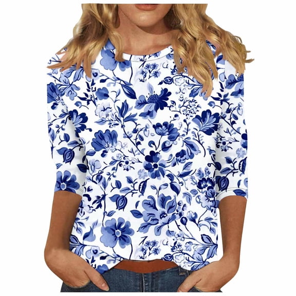 3/4 Sleeve Tops for Women Summer Sale Women's Fashion Tees Casual Crewneck 3/4 Sleeve Loose T Shirt Ladies Blouses Shirts