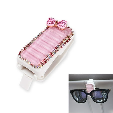 Car Visor Sunglasses Clip, Pink Glitter Crystal Sun Glasses Holder Auto Accessories for Girls & Women - Diamond Bow