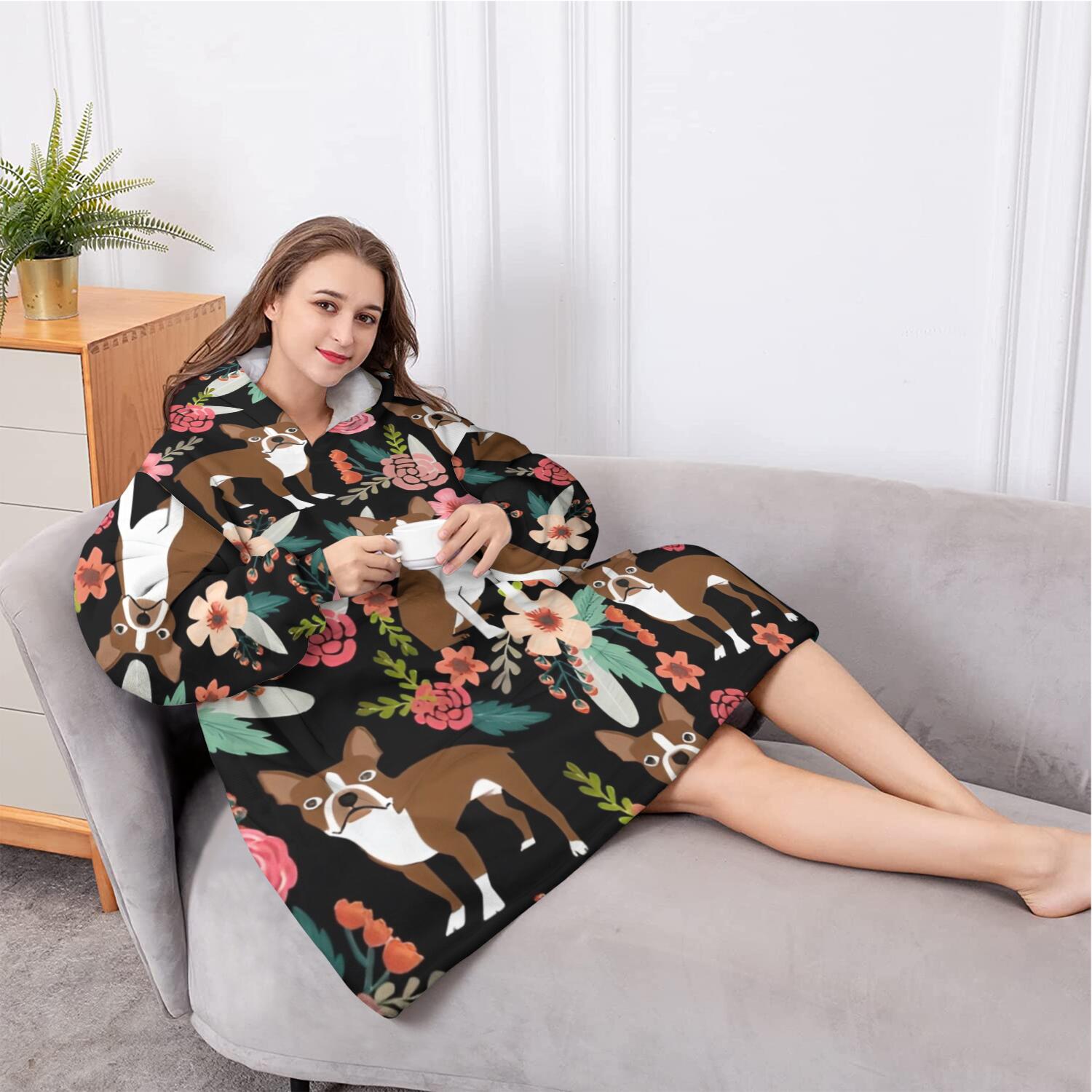 Oversized Wearable Blanket Hoodie,Boston Terrier Dog with Pioneer Flower Sherpa Blanket Hoodie with Super Pockets,Super Warm Fuzzy Pullover for Women & Men