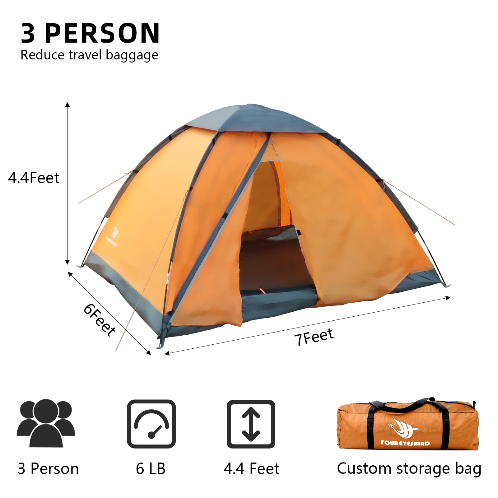Arctic Lemmings Three-Person Waterproof Backpacking Tent, 7 x 6 x 4.4 Ft Lightweight & Durable Camping Tent for Hiking & Outdoor Adventures (Orange)