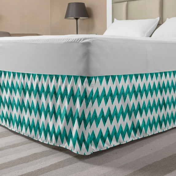 Chevron Bed Skirt, Modernistic Zigzag Pattern with Contemporary Ornaments in Grunge Design, Elastic Bedskirt Dust Ruffle Wrap Around for Bedding Decor, 4 Sizes, Pearl Teal, by Ambesonne