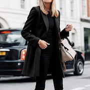 Qiaocaity Fall and Winter Fashion Long Trench Coat, Womens Fall Fashion Business Attire Solid Color Long Sleeve Single Breasted Slimming Suit Coat Cardigan Top, Black, XL