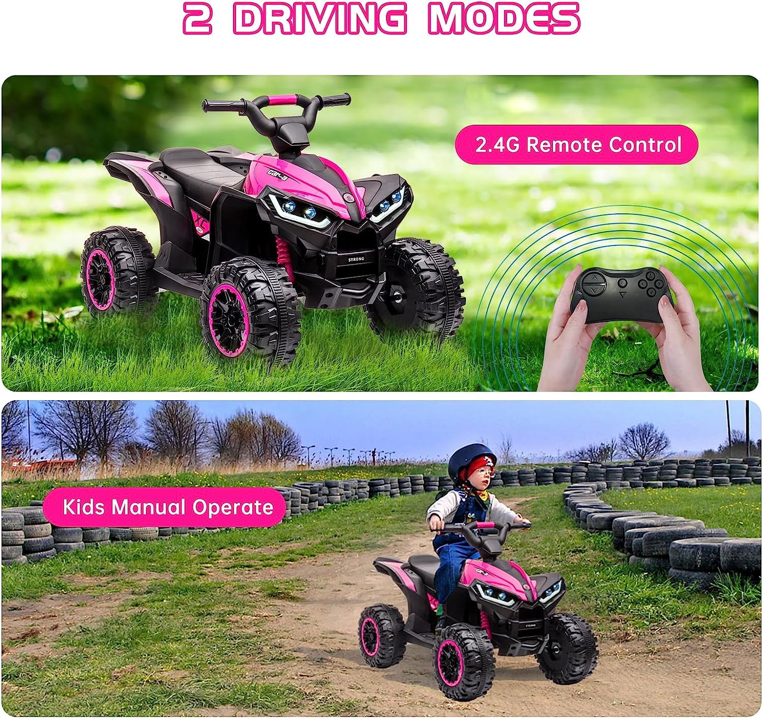 Trilenars Electric Quad Bike 12V, Ride On Car ATV Toy with Remote Control, Music, LED, Horn, 2 Speed, for Ages 3-5 Years,Pink