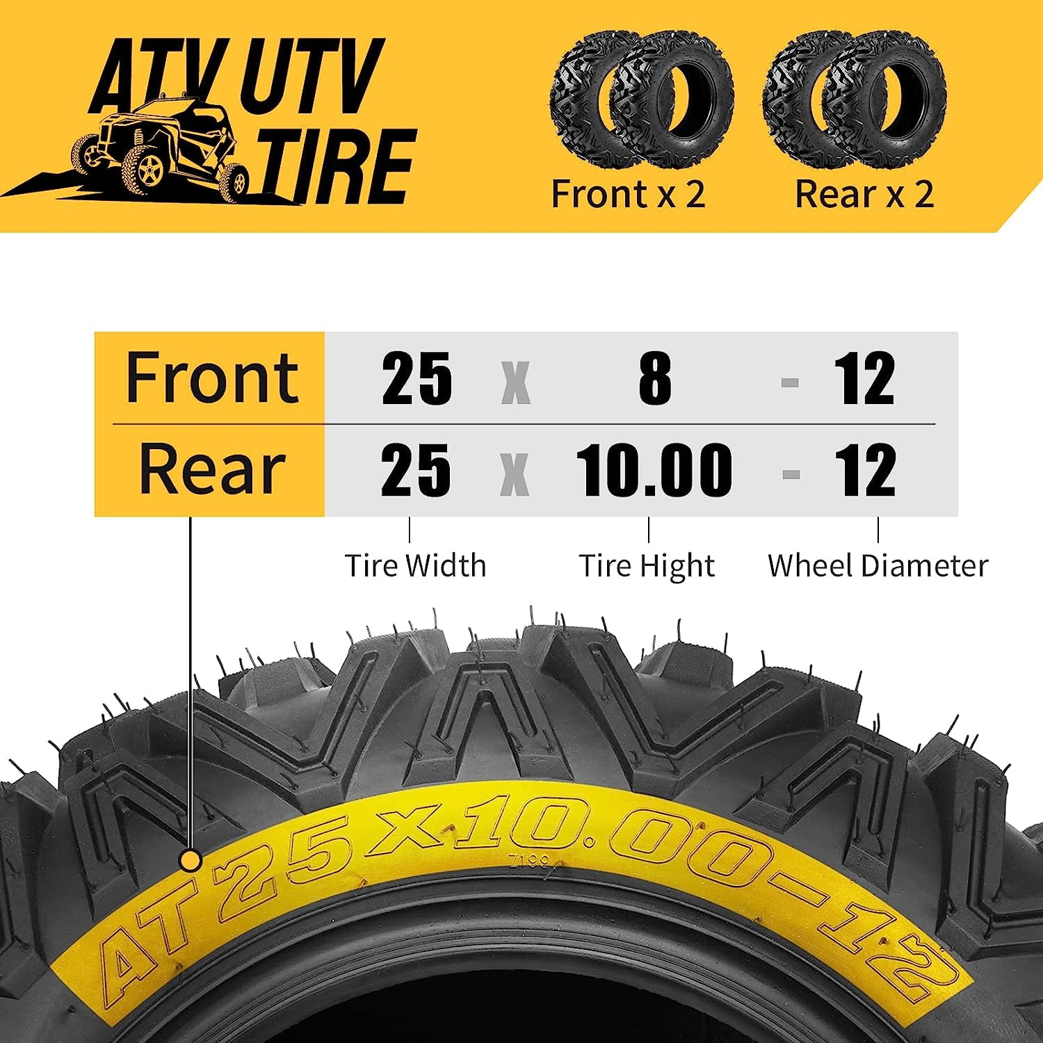 TUFFIOM Set of 4 ATV/UTV All-terrain Tires 25x8-12 Front 25x10-12 Rear, 6 PR, Tubeless