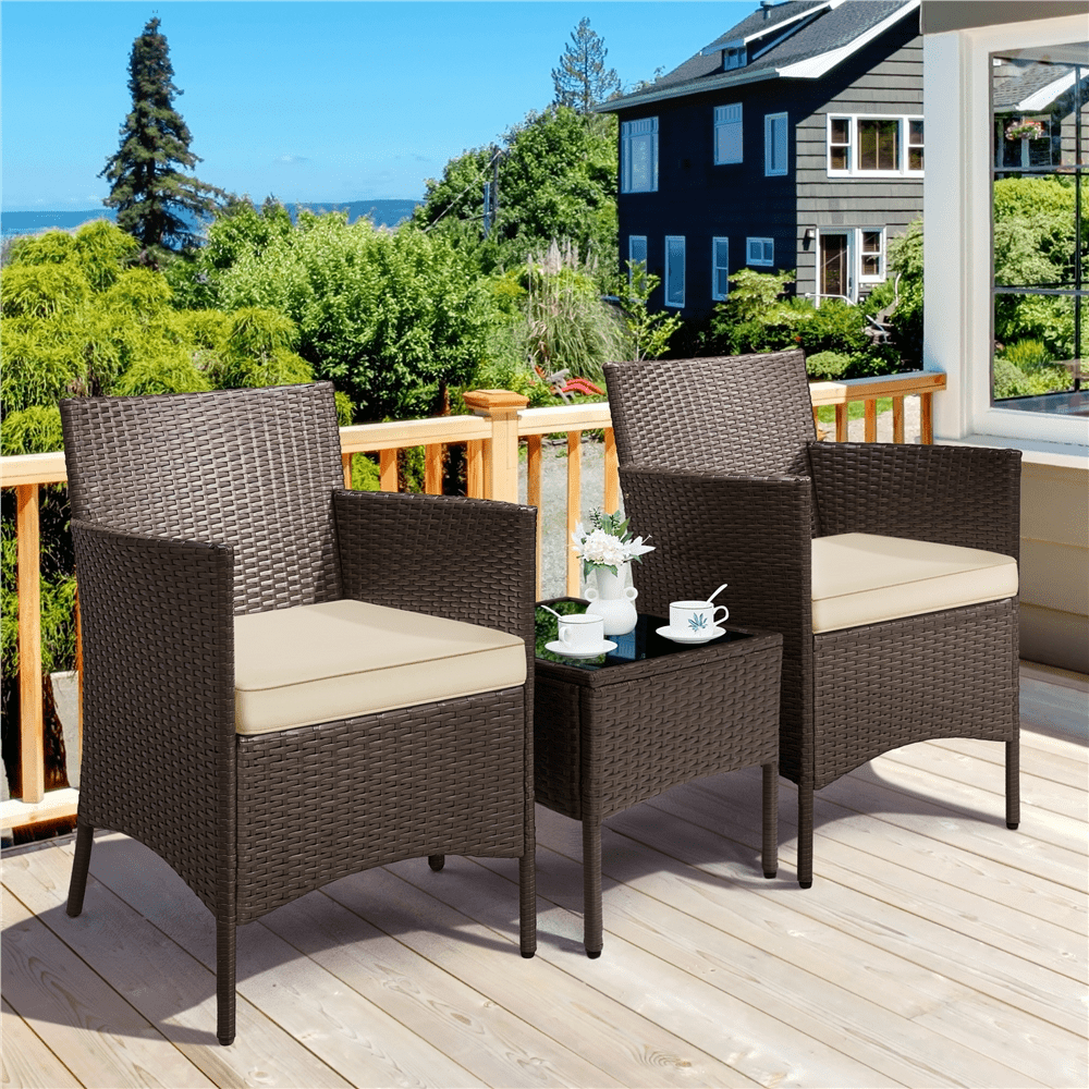 Renwick 3-Piece Rattan Furniture Set with 1 Side Table and 2 Chairs, Brown/Khaki