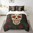 thumbnail image 2 of Sugar Skull Bedding Set Queen Size Gothic Skull 7 Pcs Comforter Set Rose Floral Skull Retro Bed In A Bag Sheet Set Skulls Bone Quilt Set Skull Theme Bedding Set, Black, 2 of 5