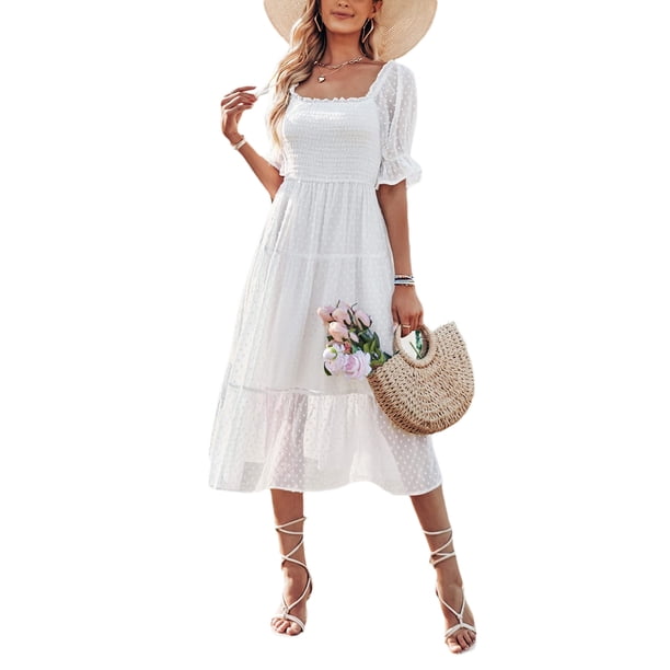 SAYOO Vestido largo de verano para mujer, manga corta, cuello cuadrado, sin espalda, vestido de lunares suizos SAYOO Vida cotidiana