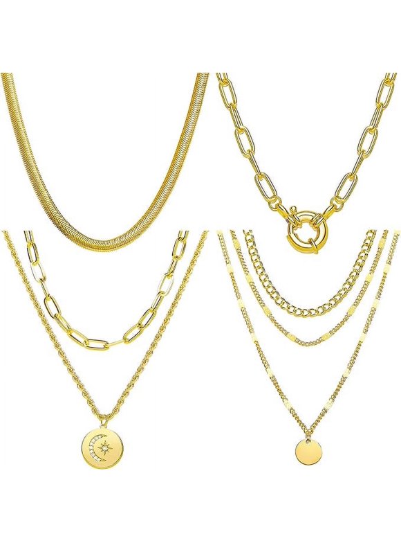 4 Pcs Gold Chain Necklaces for Women Layered Gold Necklace Set Pendant Paperclip Snake Chain Necklace for Girls Jewelry